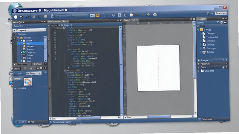 Dreamweaver8软件主界面预览图,画面中央显示代码与设计视图并排布局,左侧是插入面板,右侧是文件面板,整体界面为经典的Macromedia蓝色风格,背景为浅灰色桌面,光线柔和,细节清晰,突出软件全貌