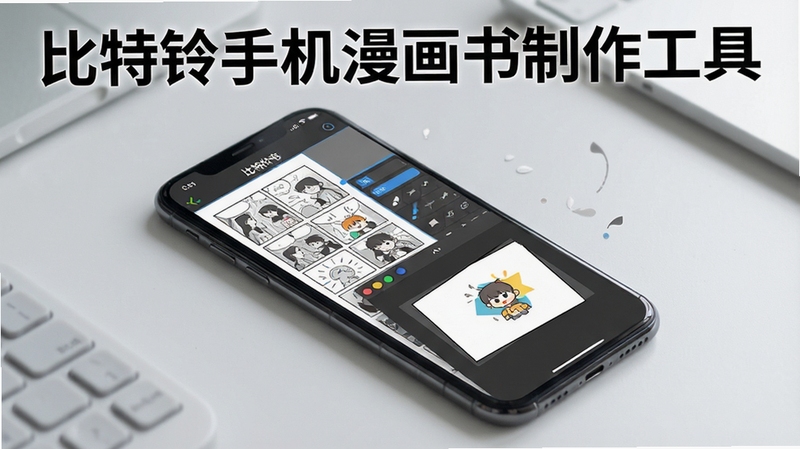 一张智能手机屏幕显示比特铃手机漫画书制作工具的主界面,界面有漫画分镜模板库、画笔工具和预览区域,背景是简洁的浅灰色工作台,画面主体突出软件名称“比特铃手机漫画书制作工具”,整体风格现代明亮,细节清晰,适合软件介绍图。