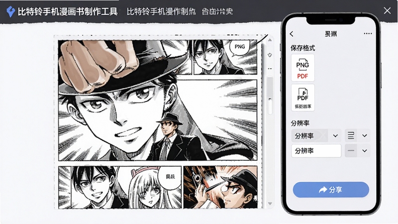 比特铃手机漫画书制作工具的导出界面,显示保存格式选项(PNG、PDF等)和分辨率选择,背景是漫画画布预览,手机屏幕展示分享按钮,画面清晰,突出软件名称“比特铃手机漫画书制作工具”。