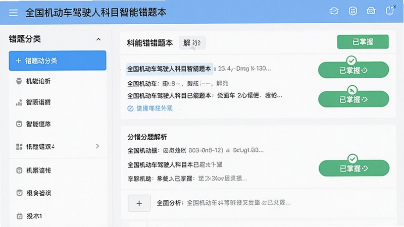 全国机动车驾驶人科目智能错题本界面,左侧为错题分类列表,右侧为错题详情与解析,背景为白色,界面简洁清爽,有标记为已掌握按钮