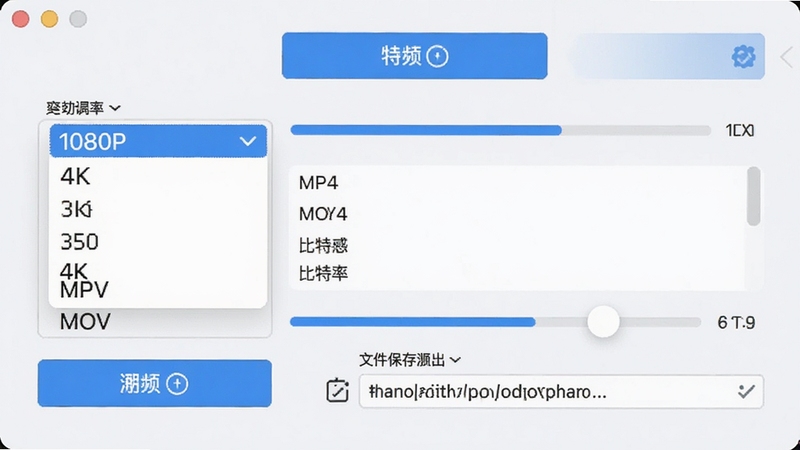 ��Ƶ�ϲ�ר�ҵ������ý���ʾ��ͼ����ʾ�ֱ���ѡ�������˵���1080P��4K������ʽ�б���MP4��MOV�ȣ��������ʻ��飬����Ϊǳɫ���棬��ɫ��ť������ɾ����࣬��ģ�⵼���������������У�ϸ��չʾ�ļ�����·��ѡ�����������ˬ�׶���