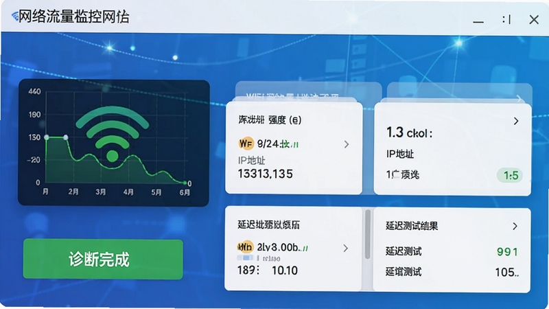 ���������������״̬�����棬����չʾWiFi�ź�ǿ��ͼ����IP��ַ��Ϣ��Ƭ���ӳٲ��Խ��������Ϊ������ɫ��������רҵ�������С������ɡ���ɫ��ť