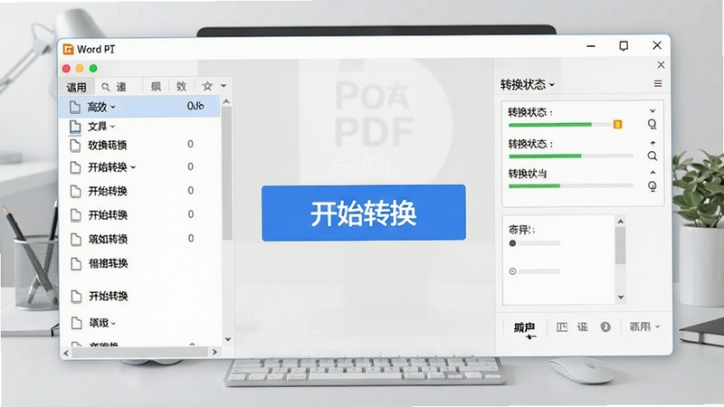һ��չʾWordתPDF����������ĸ����ͼ��������������������ļ��б������Ҳ���ת��״̬��ʾ����������һ����Ŀ�ġ���ʼת������ɫ��ť������Ϊǳ��ɫ�칫���棬������ɾ�רҵ��ͻ�������������Ժ͸�Ч�ԡ�