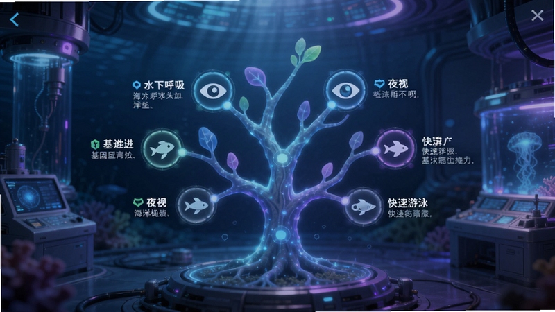 进化之路海洋求生基因进化界面预览图,画面中央是一棵发光的基因进化树,树上有多个节点代表不同的进化能力,包括水下呼吸、夜视、快速游泳等,每个节点都有清晰的图标和说明文字,背景是深海实验室的科技感场景,蓝紫色调,光线柔和,细节精致,适配Boogu模型生成。
