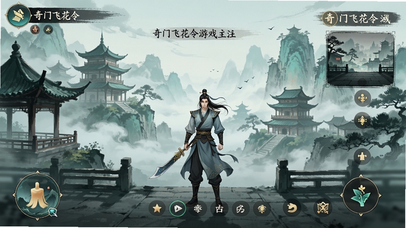 奇门飞花令游戏主城界面全景预览图,画面中央是古风侠客角色站立,背景是云雾缭绕的古典亭台楼阁与远山,整体风格为淡雅的水墨国风,色彩以青绿和墨色为主,界面UI布局清晰,展现出游戏的核心世界观与美术风格,横版构图,细节丰富,适合作为游戏宣传图