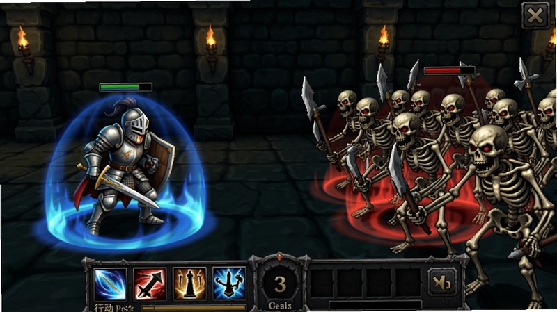 Knightfall��Ϸս�������ͼ������չʾ�غ��ƶ�ս�������������ҿ��Ƶ���ʿ��ɫ���Ҳ���һȺ��Ŀ����������ʿ��������ײ��м���ͼ����ж�����������ɫ��������ɫ�ͺ�ɫ�ļ�����Ч���������İ��ĵ���ǽ�ڣ�UI���������������������÷�񣬻���ϸ�ڷḻ