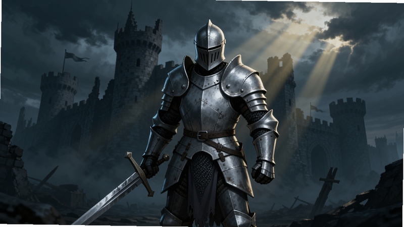 Knightfall��Ϸ���Ӿ�ͼ������������һ��������������ɫ���ס��ֳֳ�������ʿ��վ�ڱ��谵�������ֵ������ͳǱ�����ǰ��������΢���Ľ�ɫ���ߴ��Ʋ��϶���£�����ɫ��ƫ������Һڣ�ͻ��ʷʫ�������ط�Χ����ʿ��̬�ᶨ��������ͷ����Ӱ�ڸǣ�ϸ�ڷḻ���ʺ���Ϊ��Ϸ������ͼ