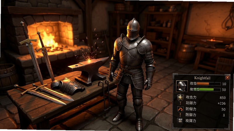 Knightfall��Ϸ��ɫװ������Ԥ��ͼ������չʾһ����ʿվ������ǰ�����ϰڷ��Ÿ��������Ϳ��ף���Χ�л���Ч���������½���װ��������壬��ʾ������������������ֵ����������ů�������̣�ɫ���ԳȻ�ɫΪ����ϸ�ڷḻ�����дʵ