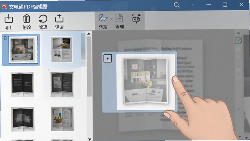 �ĵ�ͨPDF�༭��ҳ���������ʾ��ͼ�����������ʾ���ҳ������ͼ���û�������קһ��ҳ�����˳�򣬹��������в��롢ɾ������ת��ͼ�갴ť������Ϊ���������棬ͻ��ҳ����֯������ֱ�����Ч��