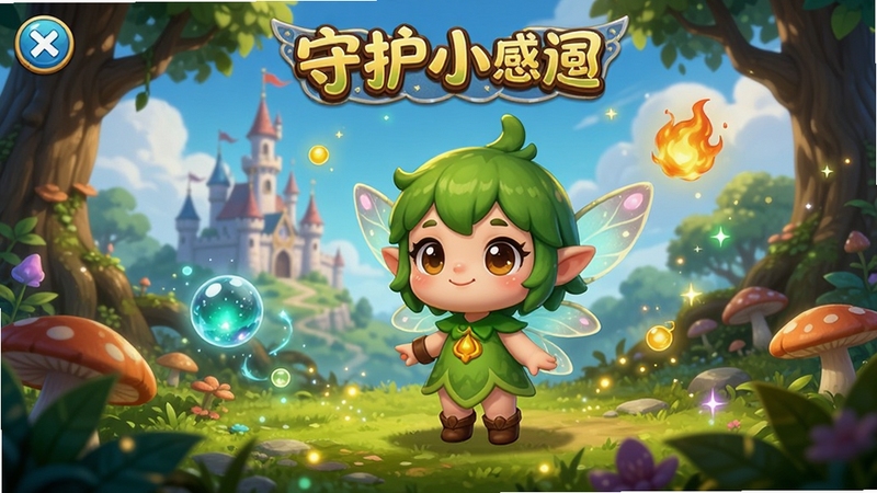 守护小精灵游戏主界面场景,展示一只可爱的Q版精灵站在奇幻森林中,周围有闪烁的光点和飘浮的魔法元素,背景是蓝天白云和远处的城堡,画面明亮温馨,色彩鲜艳,卡通渲染风格,细节丰富,适合作为游戏宣传图