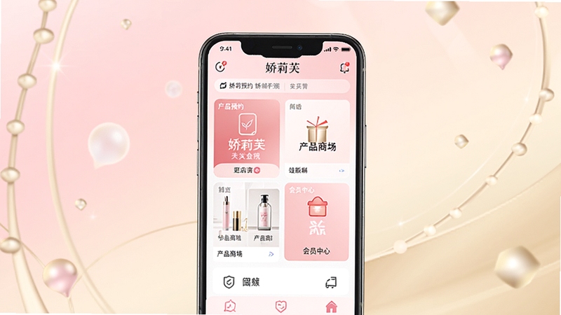 娇莉芙在线app预览图,画面中央展示智能手机界面,屏幕上是娇莉芙在线主界面,包含门店预约、产品商城、会员中心等模块,背景为柔和渐变粉色与浅金色,营造高端美容院氛围,整体明亮清晰,UI设计现代简约,适配Boogu模型生成。