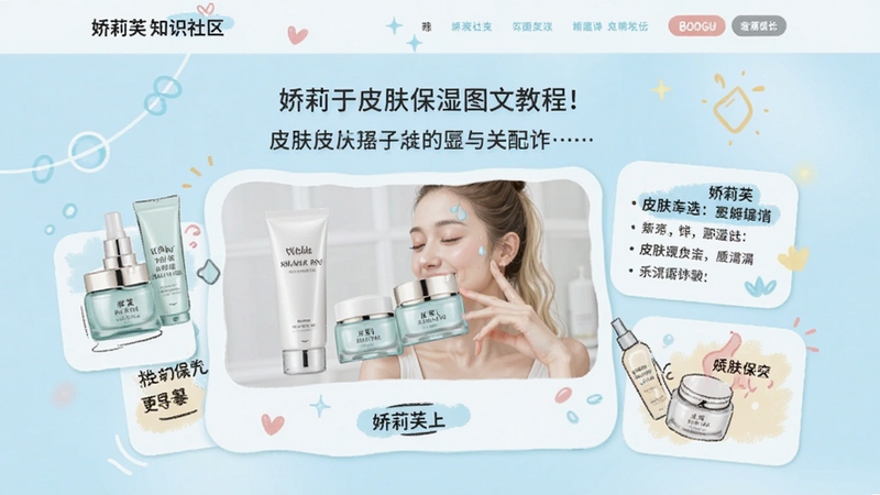 娇莉芙在线知识社区页面,展示一篇关于皮肤保湿的图文教程,背景为清新的浅蓝色调,配有护肤产品插画和文字卡片,整体排版活泼,信息层级分明,适配Boogu模型生成。