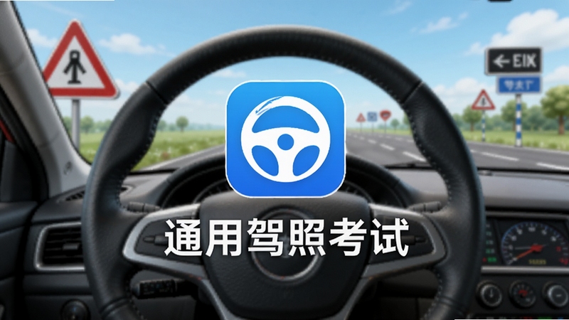 通用驾照考试应试通主界面展示,画面中央是软件Logo与名称,背景为驾驶模拟场景,包含方向盘、交通标志与道路元素,整体风格清新明亮,突出驾考学习氛围,适合软件下载站首图展示