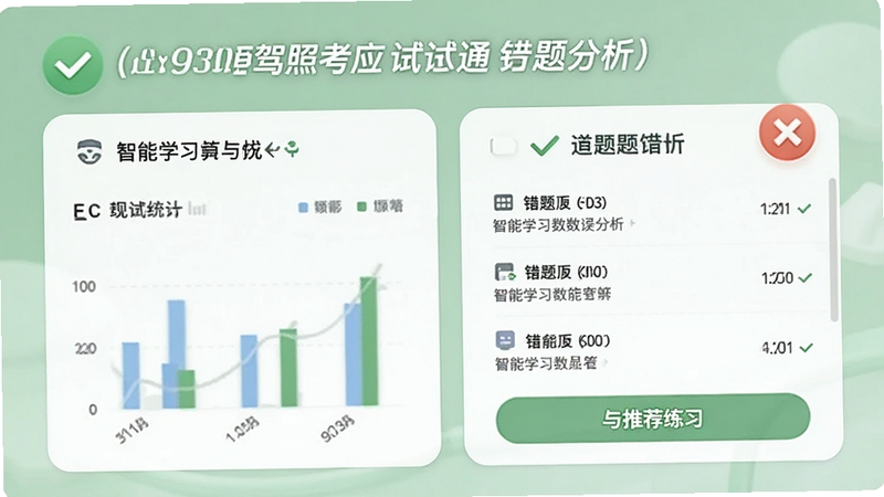通用驾照考试应试通错题分析页面,显示统计图表、错题列表与推荐练习按钮,背景为柔和绿色,搭配对勾与叉号图标,突出智能学习与数据分析功能