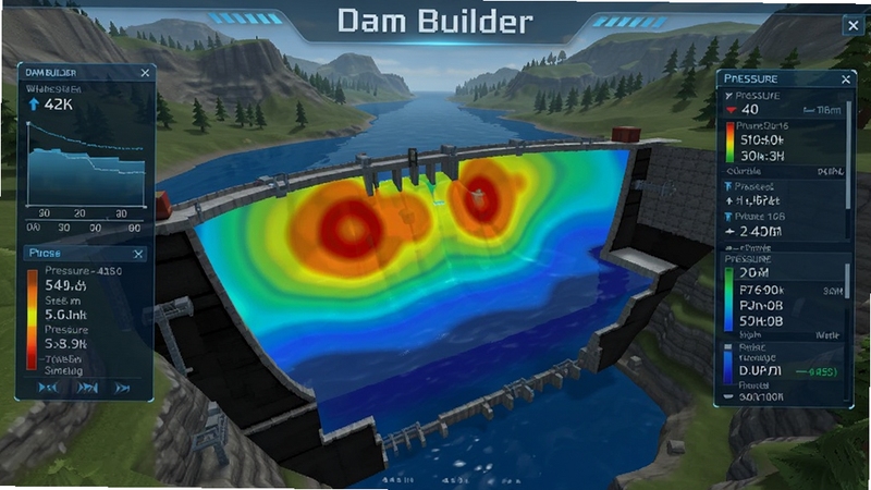 Dam Builder游戏特色预览图,展示水坝内部的应力分布模拟界面,画面中有彩色热力图覆盖在坝体剖面图上,红色代表高应力区域,蓝色代表低应力区域,周围有数据面板显示水位、压力值等参数,背景是游戏内的山谷地形,风格偏科技感