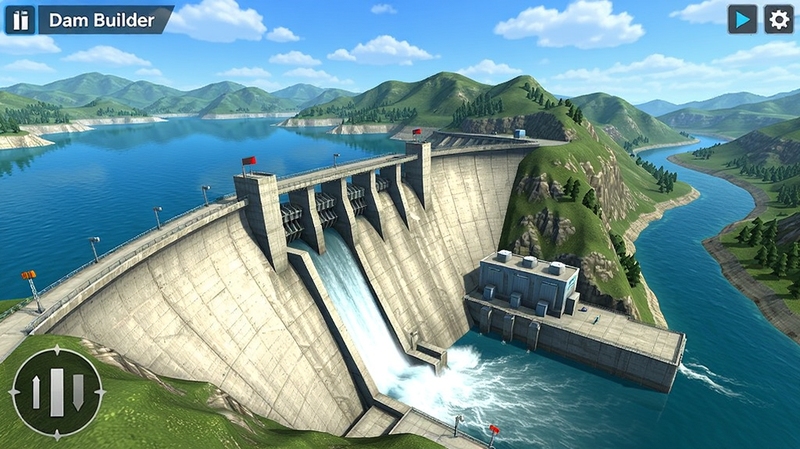 水坝建造师Dam Builder游戏全景预览图,画面中央是一座宏伟的混凝土重力坝,坝体上有泄洪闸和发电厂房,左侧是碧蓝的库区,右侧是蜿蜒的河流下游,背景是连绵的青山和蓝天白云,整体风格明亮写实,UI界面简洁清晰,突出游戏的核心建造玩法