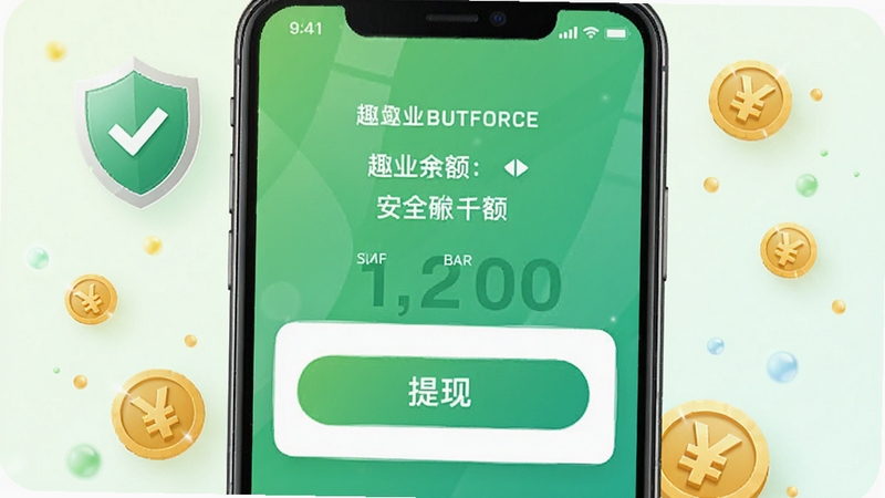 趣业兼职提现界面预览图,手机屏幕中显示账户余额和提现按钮,背景为绿色渐变,周围有安全盾牌和货币符号装饰,整体风格简洁大方,突出安全可靠的交易体验。