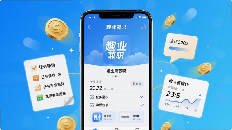 一张展示趣业兼职app核心功能的预览图,画面中央是一部智能手机,屏幕中清晰显示趣业兼职的界面,周围环绕着金币、任务清单、收入统计等元素,背景为明亮的渐变蓝色,整体风格现代简洁,突出便捷赚钱的主题。