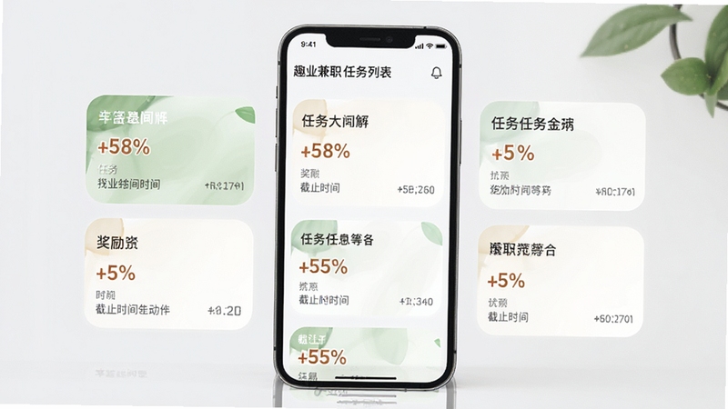 趣业兼职任务列表界面预览图,手机屏幕上展示多个兼职任务卡片,每个卡片包含任务名称、奖励金额和截止时间,背景为淡灰色,卡片采用圆角设计,整体风格清新自然,突出任务丰富多样的特点。