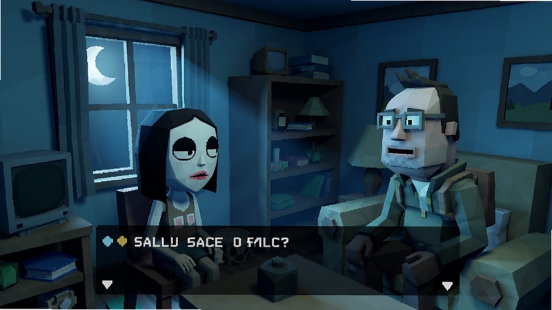 Sally Face 角色对话场景,主角Sally Face与他的朋友拉里在房间内交谈,画面采用游戏独特的低多边形艺术风格,色调以冷色为主,窗外透入月光,房间内摆放着各种具有年代感的物品,突出角色表情和对话氛围,整体画面具有叙事感,色彩搭配协调,体现游戏剧情深度。