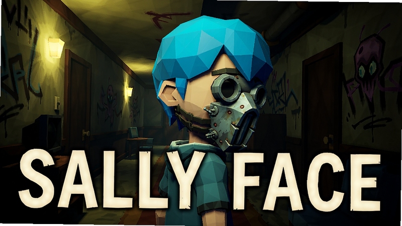 Sally Face 游戏主视觉图,一名戴着蓝色假发和机械面具的男孩站在阴暗的公寓走廊中,背景是昏黄的灯光和诡异的墙壁涂鸦,整体风格为低多边形3D,营造出神秘悬疑的氛围,画面主体为男孩侧身回望,构图突出游戏名字Sally Face,光影对比强烈,细节丰富。
