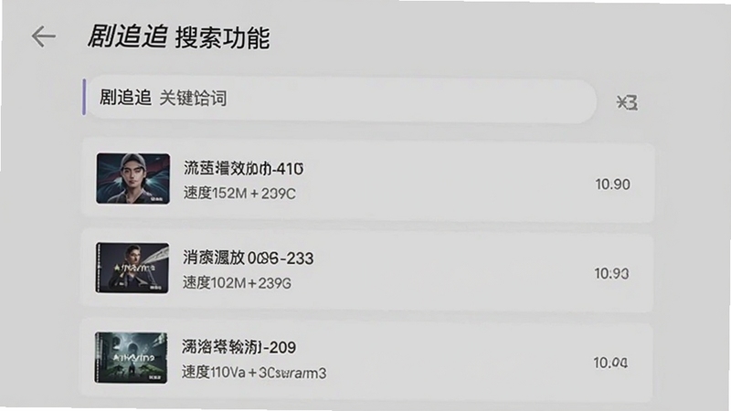 剧追追搜索功能截图,显示输入关键词后出现多个播放源列表,每个源标注清晰度和速度,背景为浅灰色,画面简洁明了,突出聚合搜索的高效与便捷