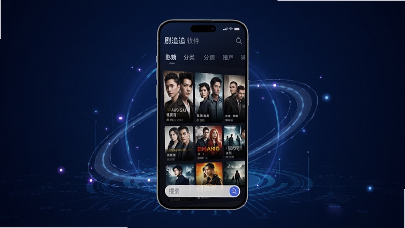 剧追追软件主界面预览图,展示首页推荐影视墙、分类导航栏和搜索框,背景为深蓝色科技感渐变,画面中心是手机竖屏界面展示,周围有光效点缀,整体风格现代简洁,突出聚合追剧的核心功能
