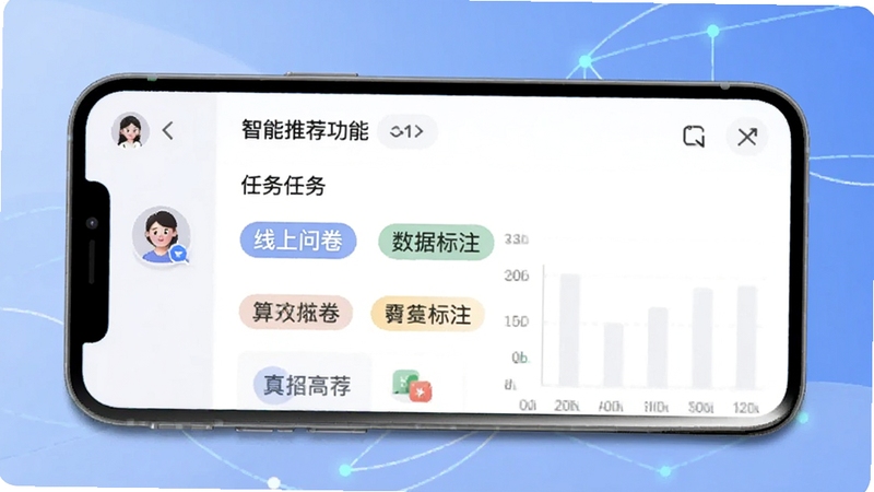 项目帮客智能推荐功能截图,界面展示个性化任务列表,包含“线上问卷”、“数据标注”等标签,手机左侧有用户画像图标,背景为柔和渐变蓝色,突出算法匹配与高效推荐的概念。