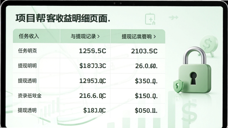 项目帮客收益明细页面,表格形式展示任务收入与提现记录,背景为淡绿色财务风格,数字清晰可见,旁边有安全锁图标,强调资金透明与安全。