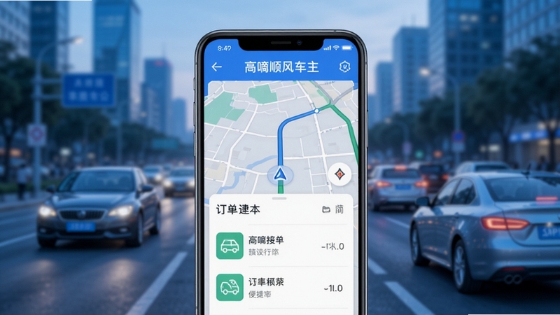高嘀顺风车主APP主界面预览图,画面中央显示手机屏幕,屏幕中呈现地图导航与订单列表,背景为模糊的城市道路与车辆,整体色调清爽蓝色,突出软件高效接单与便捷出行的主题