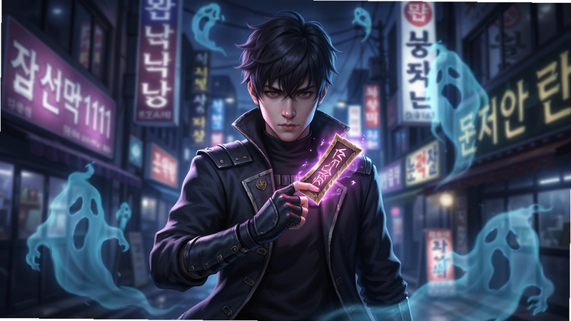 Seoul Exorcist 1111 游戏主视觉图,一名手持发光符咒的青年驱魔师站在首尔夜晚的街头,背后是霓虹灯牌与韩文招牌,周围环绕着半透明的蓝色幽灵,画面充满动感与神秘氛围,采用游戏宣传海报风格,人物居中,背景虚化处理,色调以暗蓝与紫色为主,细节丰富,高分辨率。