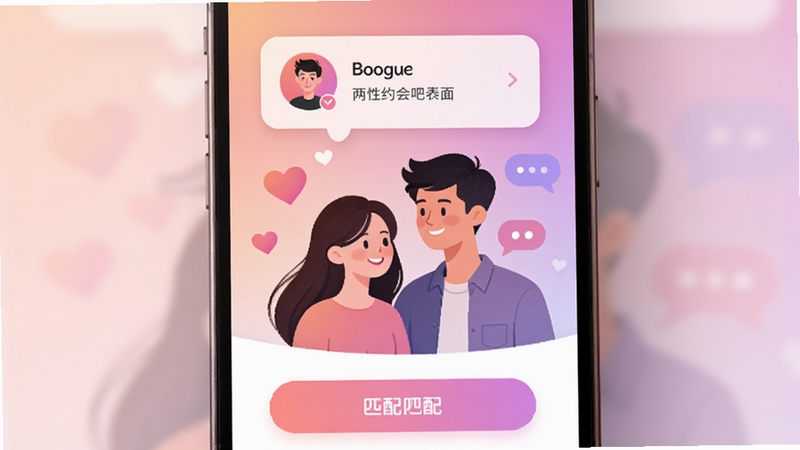 两性约会吧主界面展示,手机屏幕中显示用户资料卡片与匹配按钮,背景为温馨的渐变粉色与紫色,画面中心是一个微笑的年轻男女剪影,周围点缀爱心和对话气泡,整体风格现代简约,光线柔和,适配Boogu模型生成