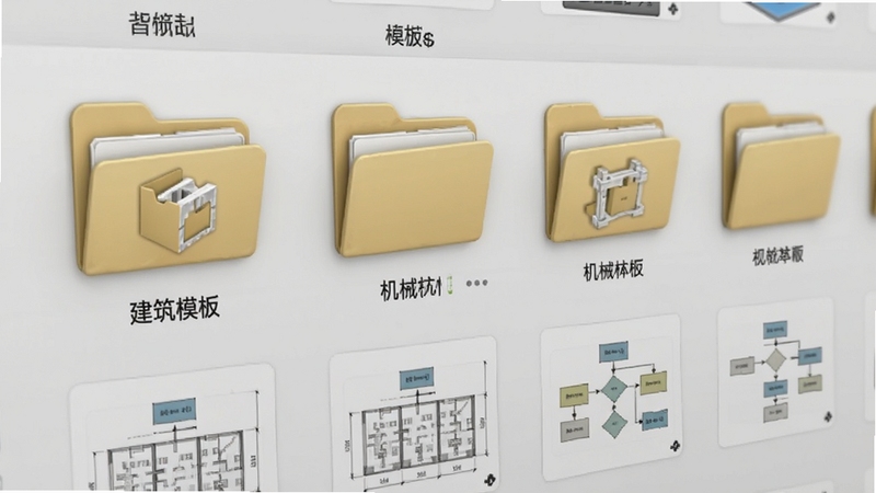 可视化图纸制作软件模板素材库界面截图,展示多个分类文件夹图标和缩略图,如建筑模板、机械模板、流程图模板,背景为浅灰色,界面整洁,图标立体,光线柔和