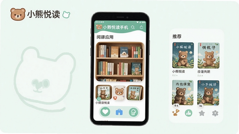 小熊悦读手机阅读应用的主界面预览图,展示书架与推荐书籍列表,背景为简洁的浅色系,界面元素清晰,突出小熊悦读的logo与特色功能区域,整体风格清新自然,适合作为软件介绍首图