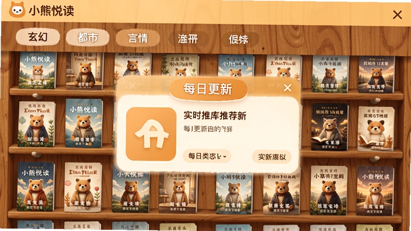 小熊悦读的书库界面,展示分类标签如玄幻、都市、言情等,书架背景为木纹质感,书籍封面排列整齐,界面中央显示“每日更新”的推荐板块,整体色调温暖明亮,体现海量资源与实时更新特点