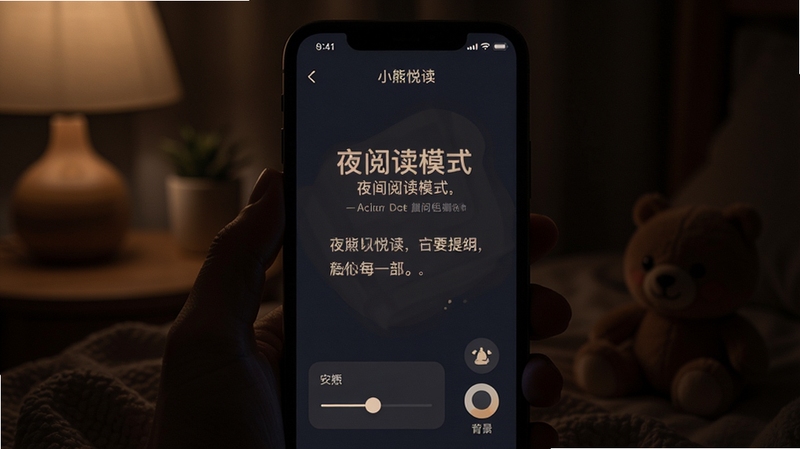 小熊悦读的夜间阅读模式界面,手机屏幕显示柔和深色背景与淡色文字,周围环境昏暗,强调护眼功能,界面下方可见字体调节滑块与背景色选择图标,整体氛围静谧舒适