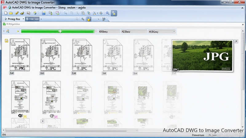 一张展示AutoCAD DWG to Image Converter批量转换过程的界面截图,多份图纸文件整齐排列在转换队列中,进度条正在运行,其中一份图纸已成功输出为JPG图片,画质清晰,色彩鲜明,软件名称以水印形式显示在界面角落
