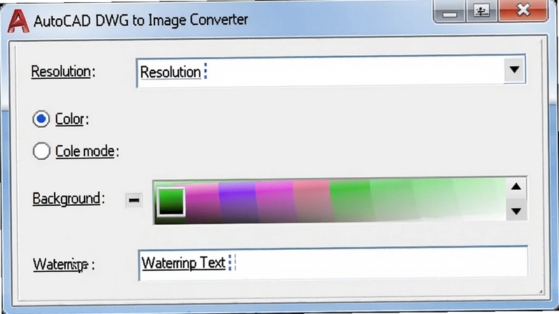 一张展示AutoCAD DWG to Image Converter输出设置面板的截图,面板上有分辨率下拉菜单、颜色模式单选按钮、背景色选择器以及水印文本框,各项参数清晰可见,软件名称在界面标题栏显示