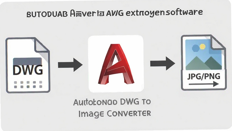 一张简洁的示意图,左侧显示DWG文件图标,中间是AutoCAD DWG to Image Converter软件的图标,右侧输出为JPG/PNG等图片格式图标,箭头从左侧指向右侧,背景为浅灰色,突出软件独立转换无需额外软件的特性