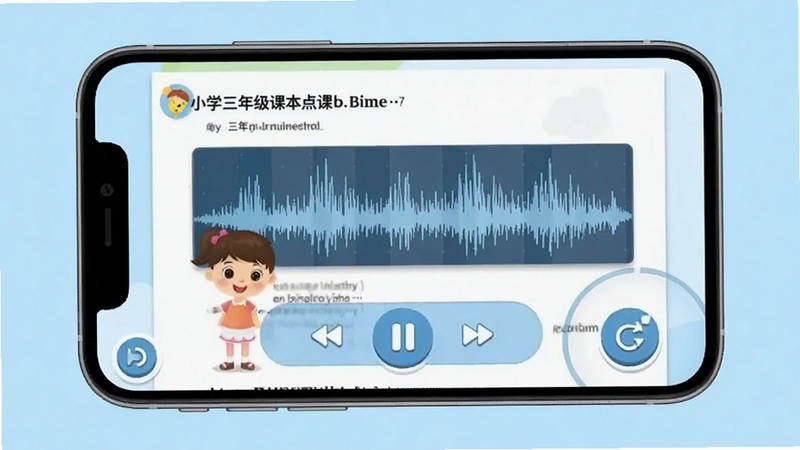 小学三年级英语上册点读软件课本同步点读功能截图,显示手机屏幕上教材页面与发音波形图,背景是浅蓝色,中间有播放控制条,右侧有重复按钮,整体风格简洁清新,适合儿童学习工具展示