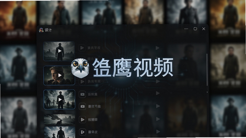 鱼鹰视讯主界面预览图,展示简洁的深色主题视频列表,背景为模糊的影视墙,画面主体居中,突出软件名称logo,整体风格现代科技感,高清渲染