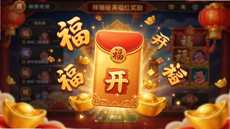祥瑞碰满福红包奖励界面,屏幕上弹出金色红包,周围有福字和元宝特效,画面喜庆,红包上写有开字,背景是游戏主界面模糊效果,突出红包主体