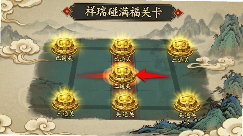 祥瑞碰满福关卡选择界面,地图上分布着多个金色关卡节点,已通关的节点亮起,当前关卡有红色箭头指示,背景是祥云和山水画风格,整体古风韵味十足