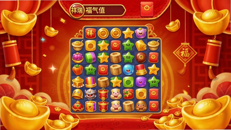 祥瑞碰满福游戏主界面预览图,画面中央为色彩鲜艳的消除棋盘,背景是喜庆的中国红与金色元宝装饰,顶部显示福气值和红包图标,整体风格明亮欢快,细节精致,游戏UI布局清晰,适配手机竖屏显示
