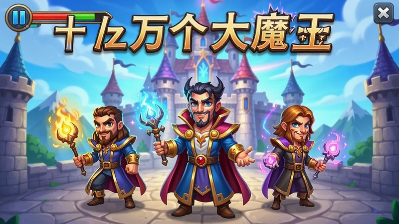 十万个大魔王游戏主界面截图,展示游戏角色与场景,画面风格为卡通魔幻,人物角色站在城堡前,背景有魔法光芒,整体色彩明亮,细节丰富,适合作为游戏宣传图