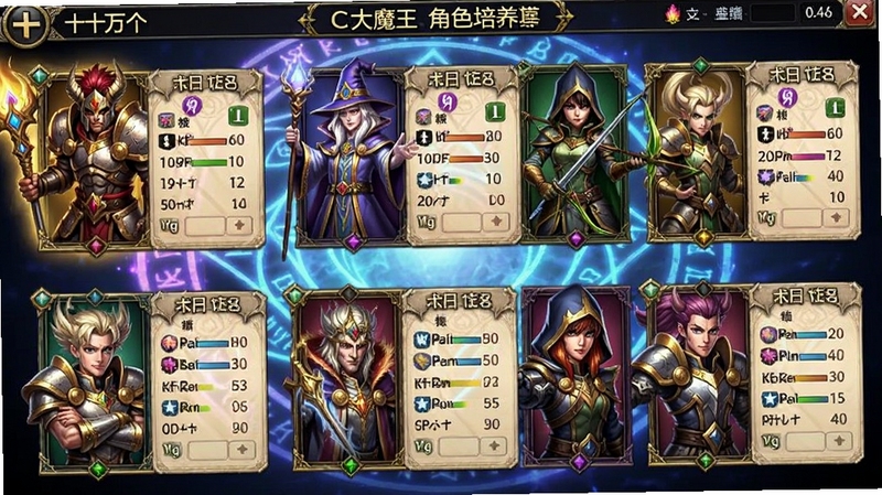 十万个大魔王角色培养界面,展示多个角色立绘与属性面板,界面设计华丽,角色形象各异,有战士、法师、射手等职业,背景为魔法阵,色彩鲜艳,细节精致