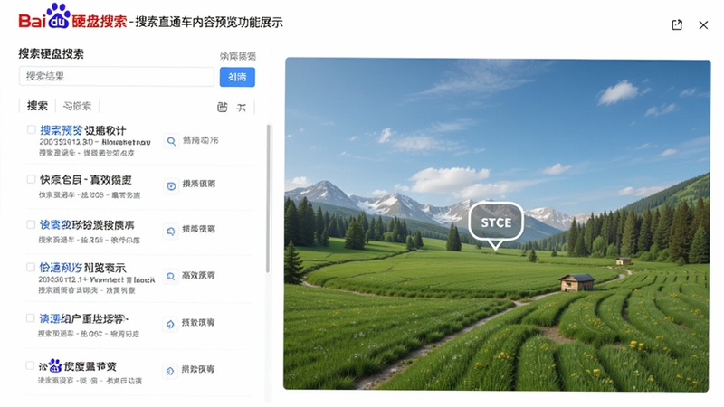 百度硬盘搜索-搜索直通车内容预览功能展示,左侧为搜索结果列表,右侧显示选中的图片文件大图预览,画面清晰明亮,强调快速预览的高效体验,整体风格干净简洁。