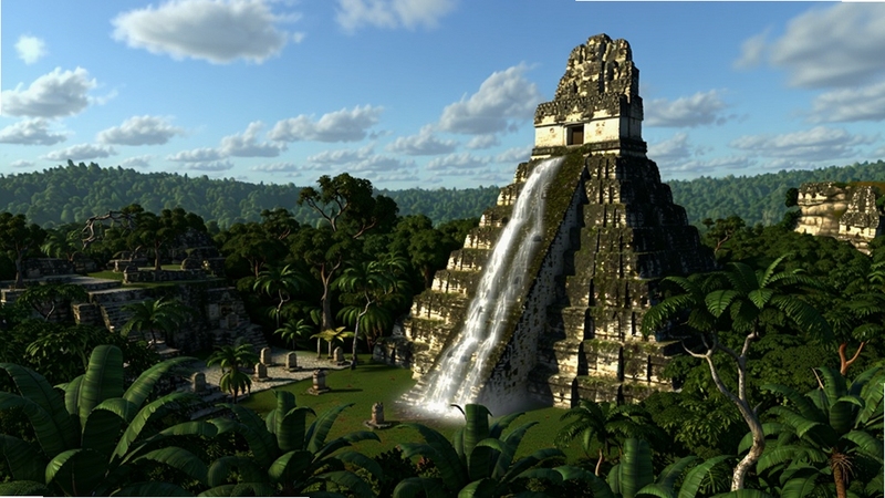 Mayan瀑布3D屏保全貌预览图,画面主体为古老玛雅金字塔旁的一条巨大瀑布倾泻而下,前景是茂密的热带雨林植被,背景是蓝天白云与远处的丛林山峦,整体画风写实,光影效果逼真,色彩浓郁,16:9宽屏壁纸构图