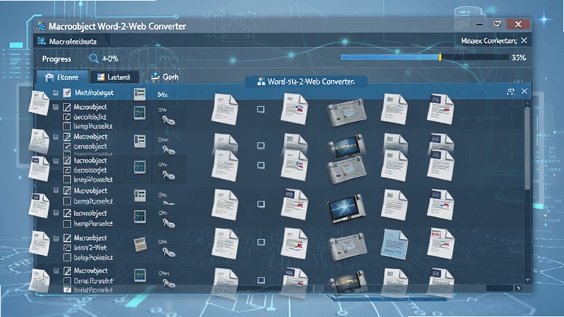 Macrobject Word-2-Web Converter 批量处理操作界面,多份文档排列在列表中,进度条显示转换状态,背景为淡蓝色科技感风格