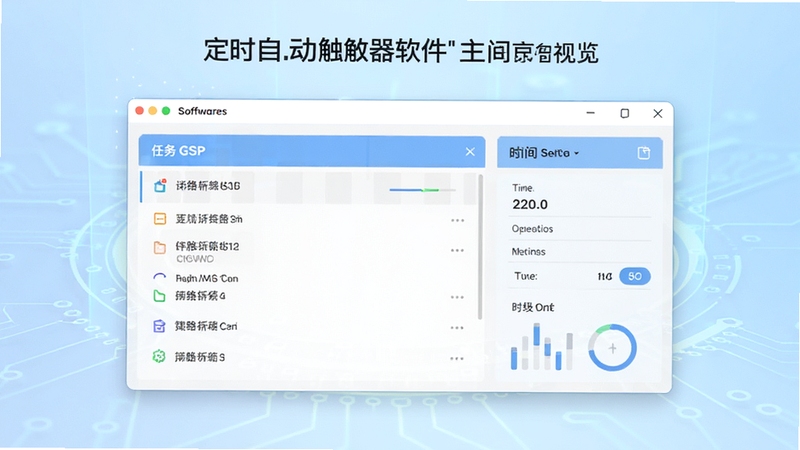 定时自动触发器软件主界面预览图,展示简洁的任务列表与时间设置面板,背景为淡蓝色科技感渐变,主体居中,画面清晰,适合软件介绍使用
